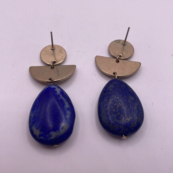 Vintage Gold Tone Blue Beaded Dangle Drop Statement Earrings - Picture 3 of 3